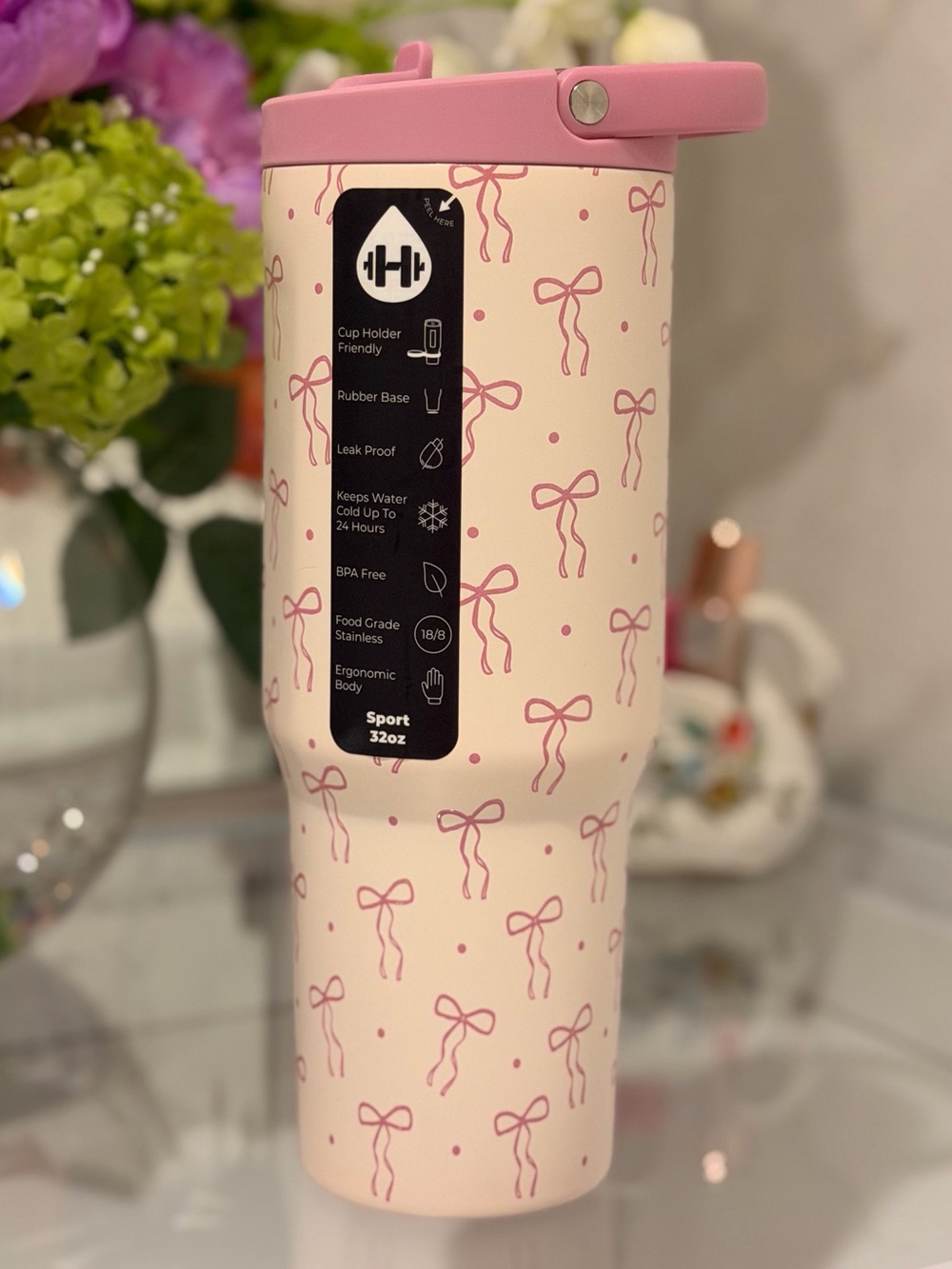 Hydrojug Pink Bows 32oz PRETTY PLEASE Sport Traveler tumbler NWT - Picture 3 of 4